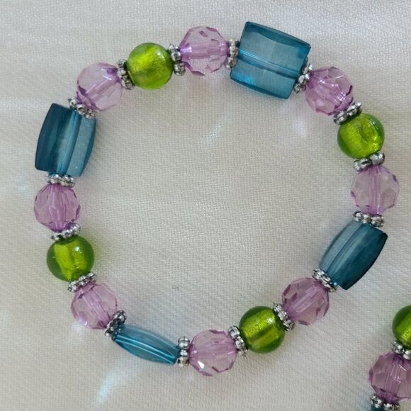 Beautiful Stretch Beaded Bracelet Pair In Purple Turquoise and Green W/ Spacers - Picture 9 of 10